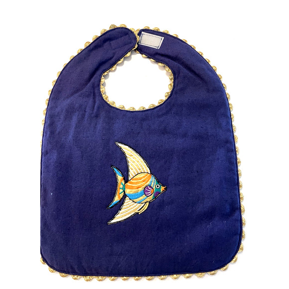 Handmade Quilt Embroidered Navy Blue Fish Baby Toddler Bib NEW - Picture 1 of 5